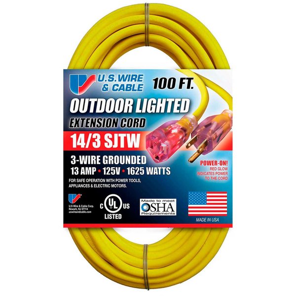 U.S. Wire & Cable Yellow Temp-Flex Lighted Plug Cord Three Conductor , 100 Ft., 14/3 Ga., 300V, 13A 73100